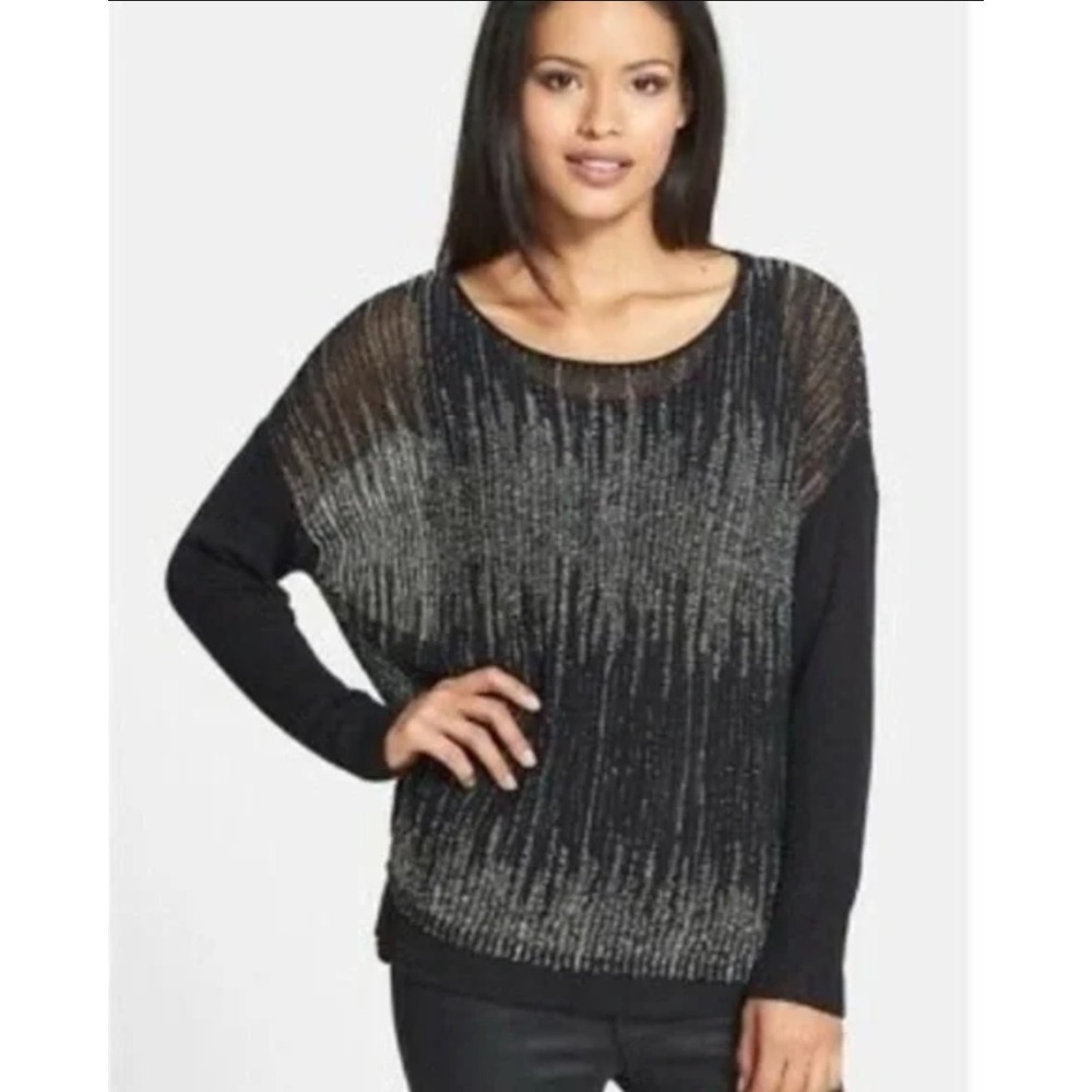 Eileen Fisher Sweater Women L Black Wool Linen Neutral Minimalist Going Out Open